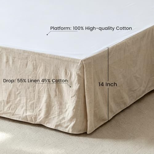 FALUCA Corner Split 14" Bed Skirt - Drop Linen Blend & Platform Pure Cotton, Wrap Around Tailored Drop Dust Ruffle for Farmhouse & Bedrooms, Breathable Cozy, Easy-Fit Bedding (King Linen 14")
