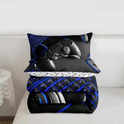 Feelyou Gamer Bedding Set Soft for Boys Girls, Gaming Comforter Set Full Size Game Room Decor Duvet Quilt Microfiber Gamepad Bedroom Decor Blue 3 Pcs with 2 Pillow Cases