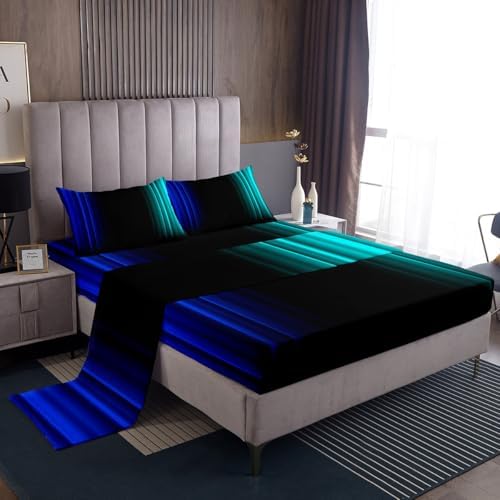 Feelyou Teens Abstract Ombre Decorations Bedding Set for Kids Women Blue Teal and Black Bed Sheets Set Geometric Modern Fitted Sheet Sets Room 3Pcs Twin Size