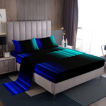 Feelyou Teens Abstract Ombre Decorations Bedding Set for Kids Women Blue Teal and Black Bed Sheets Set Geometric Modern Fitted Sheet Sets Room 3Pcs Twin Size