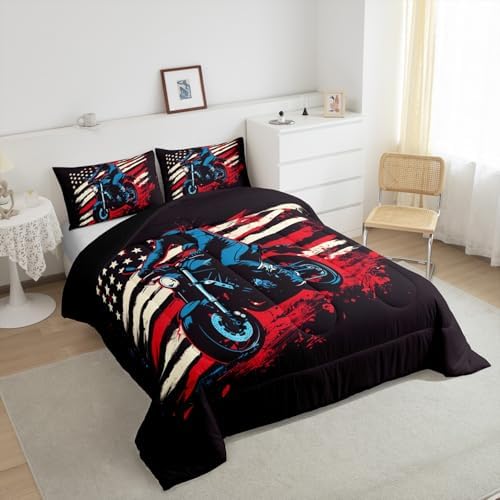 Feelyou Dirt Bike Comforter Set Queen Size Motorbike Bedding Set Ultra Soft Racing Motocross Rider Comforter for Kids Boys Girls Extreme Sports Duvet Quilt Bedroom Decor Racing Themed Quilt