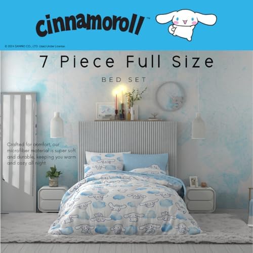 Cinnamoroll Bedding 7 Piece Super Soft Cozy Reversible Comforter and Sheet Set with Sham, Full, (100% Official Licensed Product) By Franco