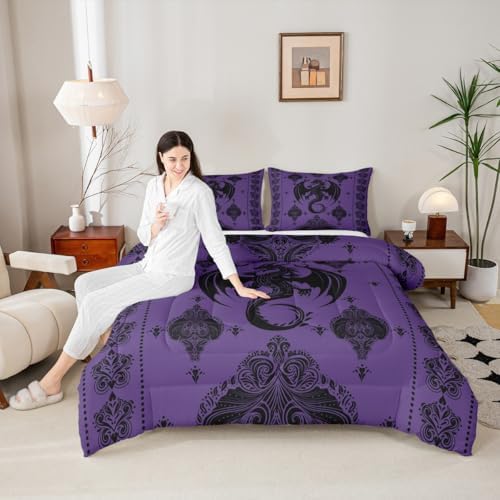 Purple Black Dragon Bedding Set Full Size,Vintage Boho Floral Print Comforter Set 3Pcs,Paisley Pattern Quilt Set for Kids Boys Girls Adult Room Decor Exotic Trippy Duvet Insert,2 Pillowcases