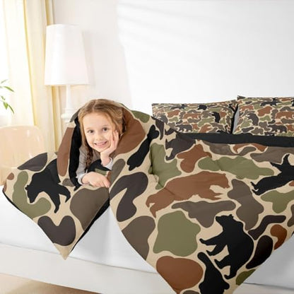 Army Green Camouflage Comforter Set Queen Size,Brown Black Bear Silhouette Bedding Sets 3Pcs for Women Room Decor,Hunting Bear Camo Quilted Duvet Hunter Military Theme Down Comforter,2 Pillowcases