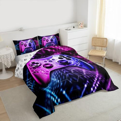 Castle Fairy Teens Gamepad Comforter Set Queen Size,Geometric Gradient Bedding Set for Kids Boys Bedroom Decoration,Modern Gamer Bed Duvet Insert,Video Games Comforter with 2 Pillowcases,Blue Pink