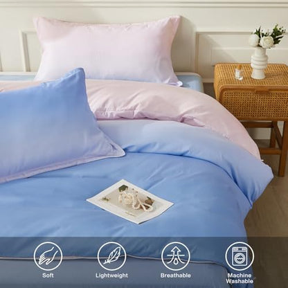 SAPHREAS Queen Size Duvet Cover Blue Pink Gradient Bedding Set with 8 Corner Ties and 2 Pillow Sham Microfiber Reversible Duvet Cover Set with Zipper Closure