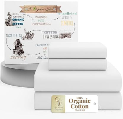 SUPREME ELEGANCE 100% Organic Cotton Queen Sheet Set, Percale, Snow White