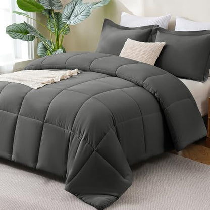 CozyLux Oversized Queen Comforter Set, 3-Piece Box-Stitched, Dark Grey