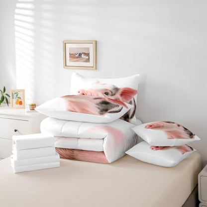 Erosebridal Pig 7 Piece Bedding Set King Cute Pet Comforter Set with Sheets Farmhouse Animal Bed in A Bag Kids Boys Girls Teens Bed Sets with 2 Pillowcases, 2 Throw Pillow Covers