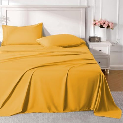 ROSE&RISY Lemon Yellow Queen Sheet Set, 4 Pcs Soft Bedding Sheet Set, Breathable and Cooling Sheet Bed Set, Includes 1 Fitted Sheet, 1 Flat Sheet, 2 Pillowcases - Deep Pocket (Lemon Yellow, Queen)