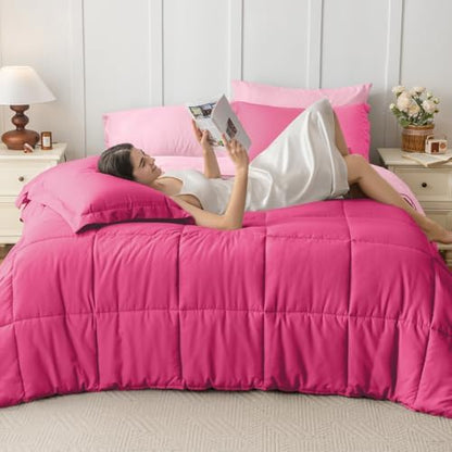 JOLLYVOGUE King Comforter Set, Ultra-Soft Bed in a Bag King Size 7 Pieces, Oeko-TEX Certified Bedding Set with Down Alternative Comforter, Sheets, Pillowcases & Shams, Hot Pink & Baby Pink