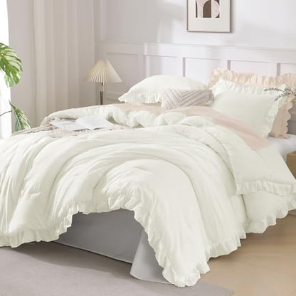 Andency Oversized King Ruffle Comforter Set, 3 Pcs Ivory Fluffy Bedding Set