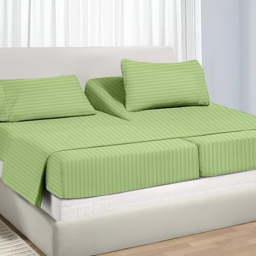 Split King Sheet Sets for Adjustable Beds Deep Pocket, Twin XL Fitted Sheet Sets for Adjustable Bed Split King 100% Extra Long Staple Cotton Deep Pocket Sheets 10-18 Inches Sage Stripe