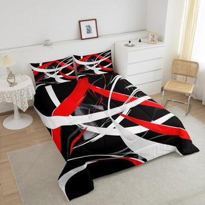Feelyou Red Gray Black Comforter Full Size, Kids Geometrics Comforter Set Boys Girls Stripes Lines Comforter Abstract Duvet Insert with 2 Pillow Case