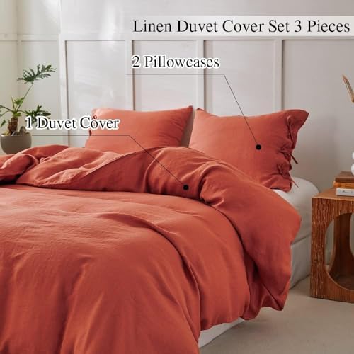 Simple&Opulence 100% Linen Duvet Cover Set 3pcs with Bowknot Ties Closure Natural French Washed Flax Solid Color Soft Breathable Farmhouse Bedding - Brick Red, King Size
