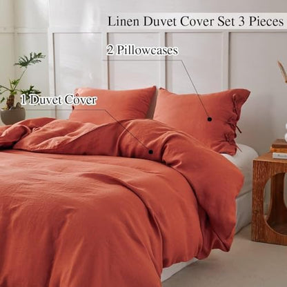 Simple&Opulence 100% Linen Duvet Cover Set 3pcs with Bowknot Ties Closure Natural French Washed Flax Solid Color Soft Breathable Farmhouse Bedding - Brick Red, King Size