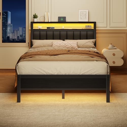 Furnulem Full Size Bed Frame with Charging Station and LED Lights
