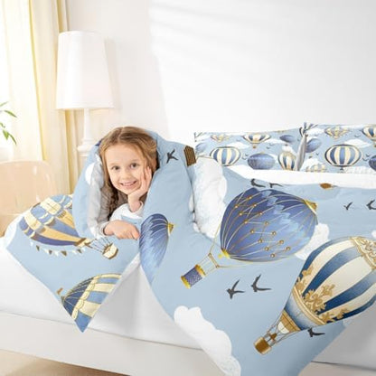 Hot Air Balloon Comforter Set Twin Size,Sky Bird Bedding Sets 2pcs for Kids Boys Girls Teens Room Cover,Adventure Games Themed Duvet Insert Sets Romantic Blue Quilted Duvet Set with 1 Pillowcase