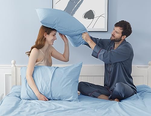 Pillow Cases 100% Cotton Percale Standard Queen Set of 4, Light Blue