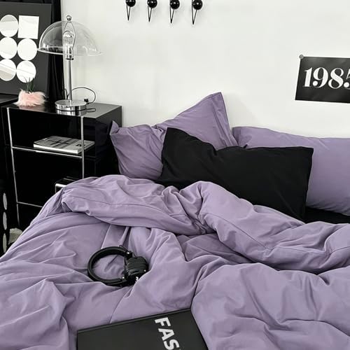 mixinni Solid Purple Duvet Cover Set Twin Size - 100% Washed Cotton 3-Piece Minimalist Bedding Set, Ultra Soft Breathable Solid Color Purple Comforter Cover with Zipper & Corner Ties, Twin Size
