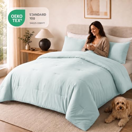 CozyLux Full Comforter Set, 3 Pieces Down Alternative Bedding, Ice Blue