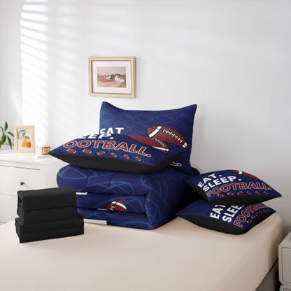 Erosebridal Rugby Gaming Kids Boys King 7-Piece Comforter Set | Football Sports Sheets and Pillowcases Ball Games Bed in A Bag Navy Blue Bed Sets