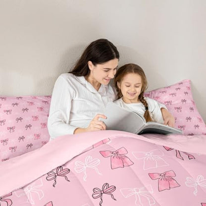 jejeloiu Bowknot Bedding Set for Boys Girls Pink Comforter Set Twin Size