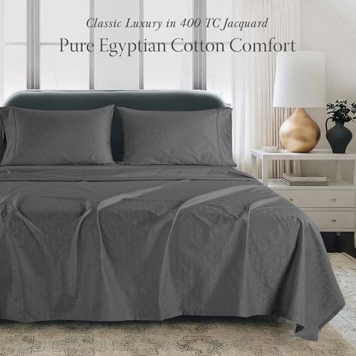 Threadmill Egyptian Cotton Sheets for King Size Bed | 100% Certified Egyptian Cotton King Bed Sheets Set | Snug Fit Elastic Deep Pocket King Sheets Soft, Breathable Damask Jacquard | Dark Grey