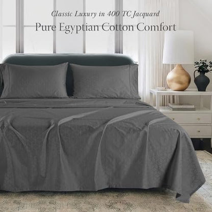 Threadmill Egyptian Cotton Sheets for King Size Bed | 100% Certified Egyptian Cotton King Bed Sheets Set | Snug Fit Elastic Deep Pocket King Sheets Soft, Breathable Damask Jacquard | Dark Grey
