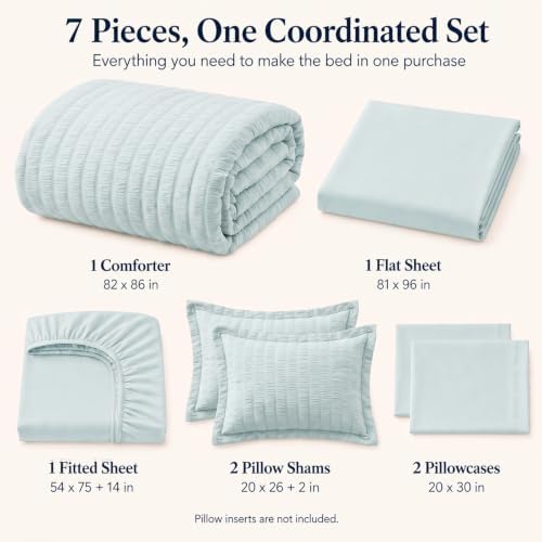 CozyLux Full Size Comforter Sets, 7 Pieces Ice Blue Seersucker Bed in a Bag