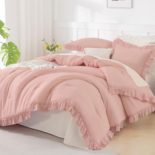 Andency Blush Queen Comforter Set, 3 Pieces Farmhouse Shabby Chic Bedding