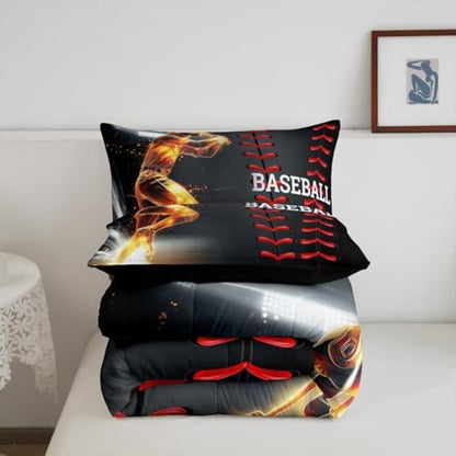 Erosebridal Baseball Bedding Set, Golden Athlete Comforter Set Queen Size, Sports Games Down Comforter for Kids Boys Girls Bedroom, Glitter Outer Space Duvet Insert for Living Room