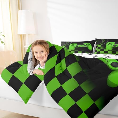 Gamer Comforter Set for Boys Home Decor Full 3pcs,Green Buffalo Plaid Check Novelty Bedding Set Microfiber Soft,Game Reversible Warm Duvet Insert,Gaming Gamepad Down Comforter with 2 Pillowcases