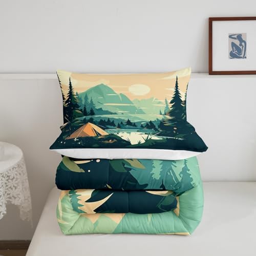 Happy Camping Comforter Set Twin Size,Sunset Mountain Camper Bedding Set for Kids Teens Adults Room Decor,Lake Tree Woodland Duvet Insert 2Pcs,Nature Scenery Camper Adventure Quilt Set,1 Pillowcase