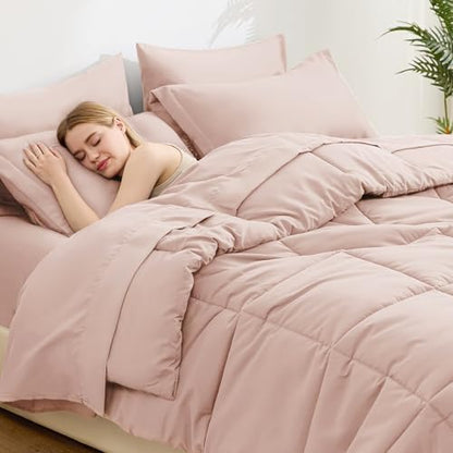 Love's cabin California King Comforter Set Blush Pink, 7 Pieces California King Bed in a Bag, All Season Bedding Sets with 1 Comforter, 1 Flat Sheet, 1 Fitted Sheet, 2 Pillowcase and 2 Pillow Sham