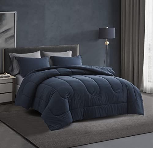 Maple&Stone Queen Comforter Set 7 Pieces Bed in a Bag Navy & Dark Grey