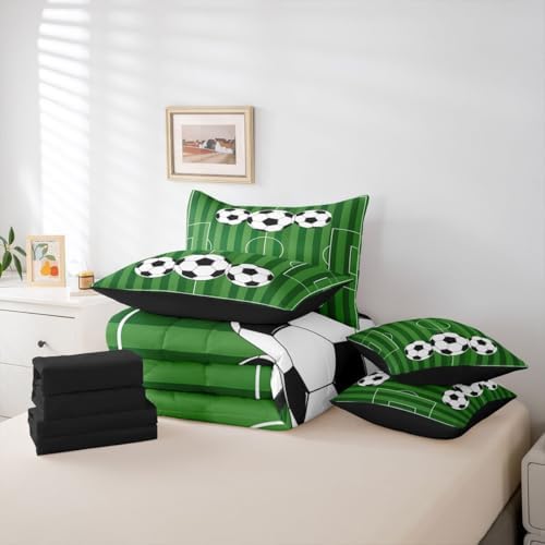 Erosebridal Playground Soccer Green Boys Kids Full Comforter Set 7 Pieces | Football Court Gaming Bed in A Bag for Bedroom Ball Games Bedding Set with Comforters Hexagon Honeycomb Room Decor