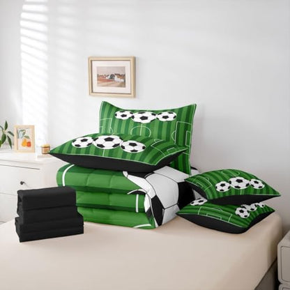 Erosebridal Playground Soccer Green Boys Kids King 7-Piece Comforter Set | Football Court Gaming Sheets and Pillowcases Ball Games Bed in A Bag Hexagon Honeycomb Bed Sets