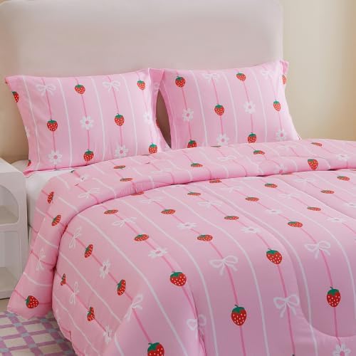 Yibeizi Pink Strawberry Comforter Set for Girls Twin Bow Striped Bedding