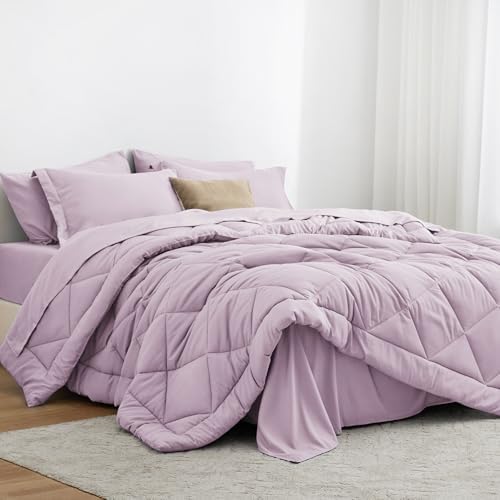 Love's cabin California King Comforter Set Light Purple, 7 Pieces California King Bed in a Bag, All Season Bedding Sets with 1 Comforter, 1 Flat Sheet, 1 Fitted Sheet, 2 Pillowcase and 2 Pillow Sham