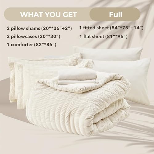 HYMOKEGE Ivory Full Size Comforter Sets Seersucker 7 Pieces, All Season Luxury Bed in a Bag for Bedroom, Bedding Set with Comforters, Sheets, Pillowcases & Shams