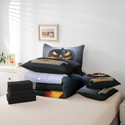 Erosebridal Happy Halloween 7 Pcs Comforter Set King, Glowing Pumpkin Lantern Bedding, Trick Or Treat Gothic Night Bed in A Bag Sheet Set, Grey Black Horror Cartoon Gray Yellow Stars Quilt