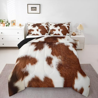 Erosebridal Cowhide Bedding Sets Western Farm Animal Comforter Set Full,Brown White Cow Print Bedding Comforter Set for Kids Boys Girls Teens,Rustic Farmhouse Cow Fur Quilt Duvet Set 2 Pillow Cases