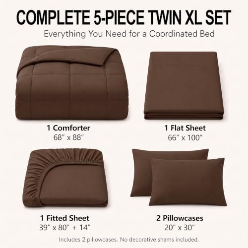 CozyLux Twin XL Comforter Set Brown - 5 Pieces Twin XL Bed in a Bag
