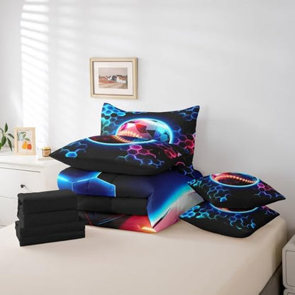 Erosebridal Baseball Queen Bedding Set - 3D Glitter Ball Pattern Bed in A Bag,Colorful Neon Honeycomb Comforter Sets with Sheets, Geometric Hexagon 7 Pieces Bed Set Bedroom Decor