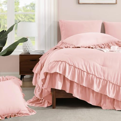 Queen Comforter Set Rosewater Ruffle 7 Pieces Farmhouse Bed in a Bag