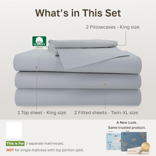 California Design Den 100% Cotton Sateen Split King Sheet Set, Mineral Grey