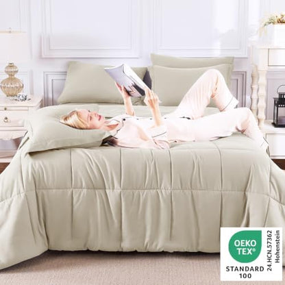 CozyLux King Size Comforter Set, 7-Piece Bed in a Bag, Oatmeal