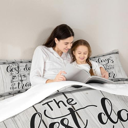 Camper Adventure Comforter Set Queen Size,Happy Camping RV Trailer Decor Bedding Set 3pcs for Kids Boys Girls Adults,Rustic Farmhouse Wood Door Down Comforter,Beige Retro Duvet Insert,2 Pillowcases