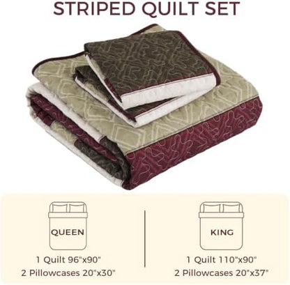 Cottolester King Size Quilt Set,Burgundy Striped Plaid Bedsperad Coverlet
